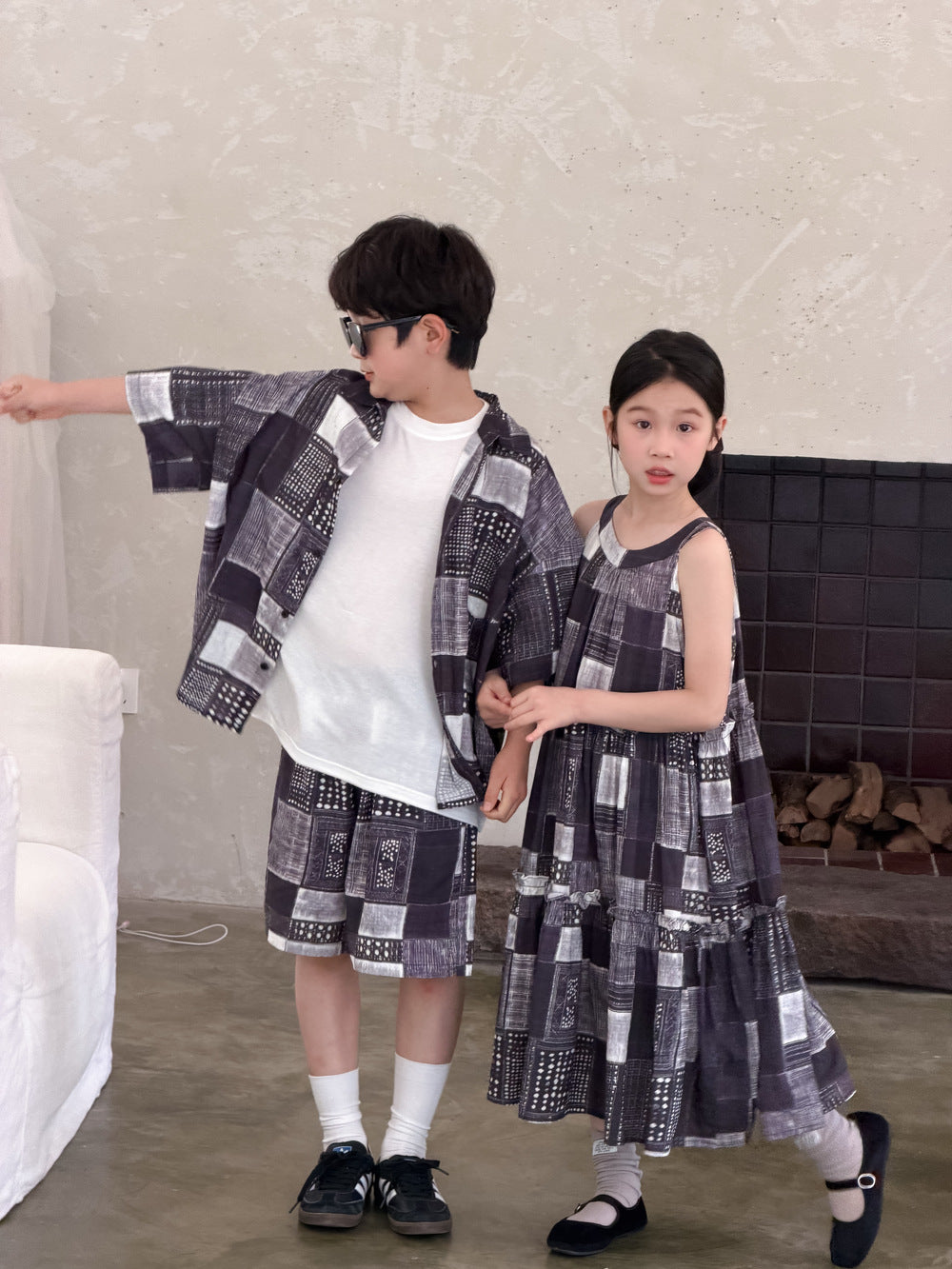 Ethnic Geometric Printed Dress Shirt Shorts Set エスニック ノースリーブワンピース 半袖シャツ ハーフパンツ【mh0013538】