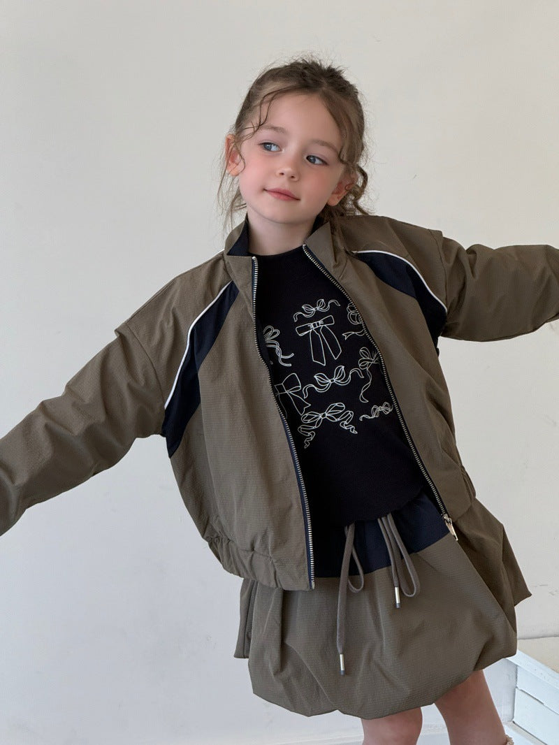 Kids' Colorblock Stand-Collar Long-Sleeve Jacket & Mini Skirt Set [mh0014079]