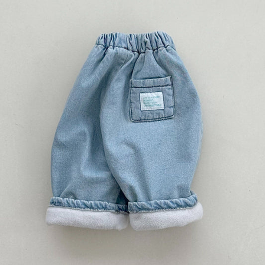 Pantalones largos de mezclilla con forro polar para bebés y niños 【mh0014653】