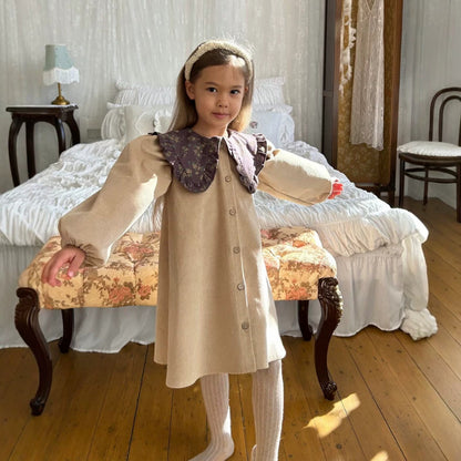 Kids' Floral Corduroy Long-Sleeve Dress with Floral Ruffle Collar【mh0014756】