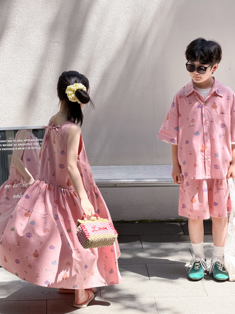 Pumpkin Mixed Vegetable Print Set Dress ベジタブル 半袖シャツ ハーフパンツ ノースリーブワンピース【mh0013527】