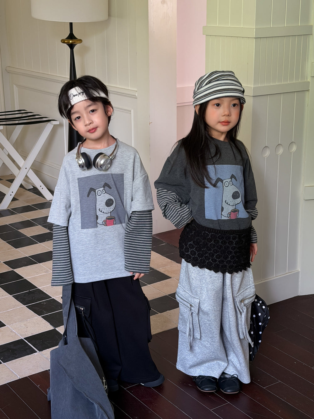 キッズ ボーダー ドッグプリント 重ね着風 長袖Tシャツ【mh0013920】