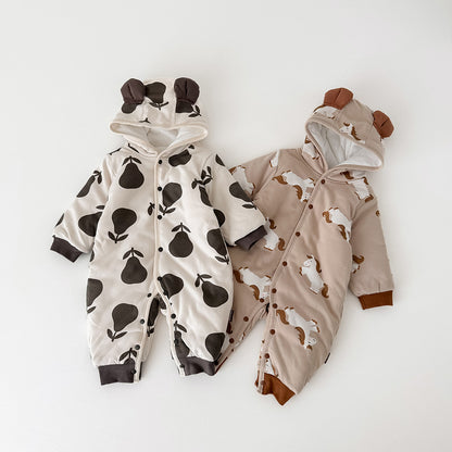 アウタージャンプスーツ 耳付きフーディ 中綿 厚手 プリント【mh0011695】