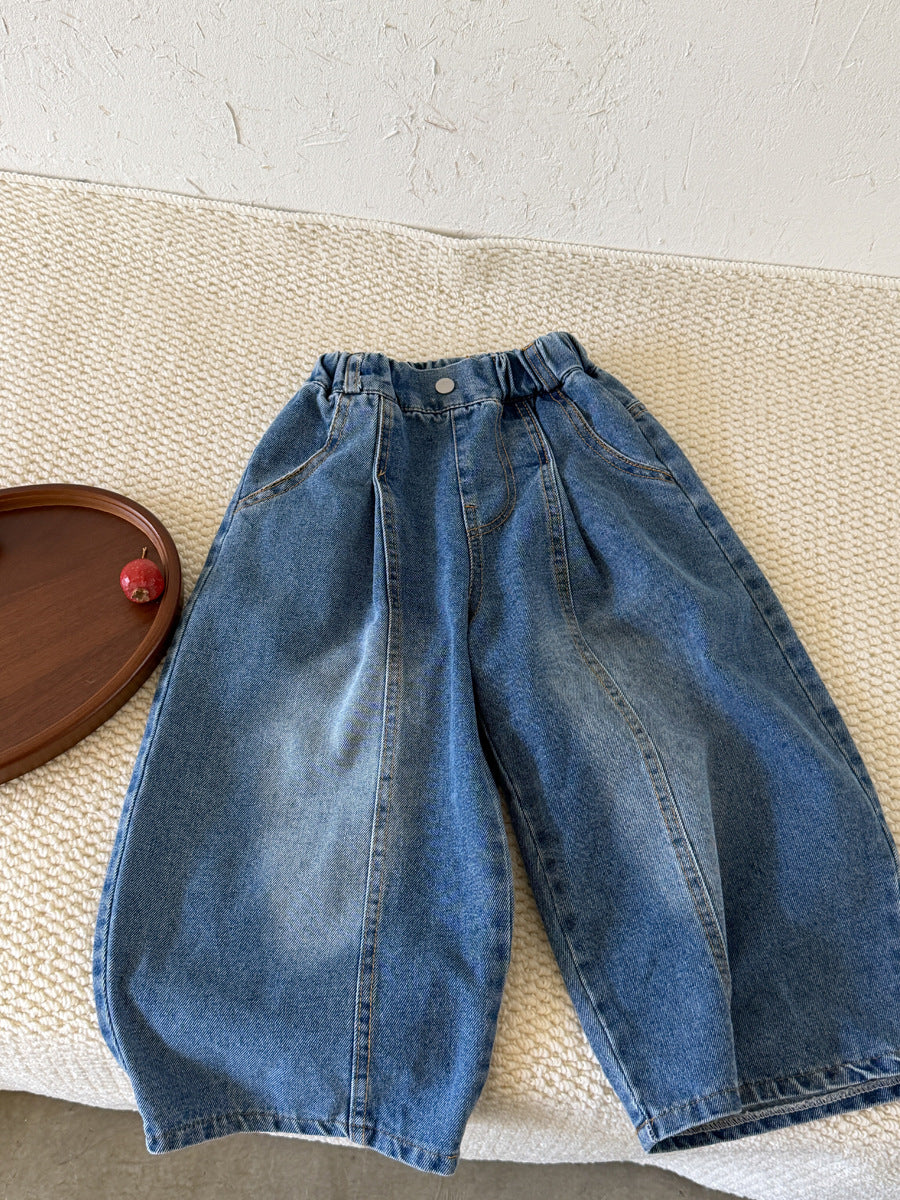 キッズ ジュニア ウォッシュ 切り替え ステッチ ルーズ ワイド カーブ デニムパンツ【mh0014460】