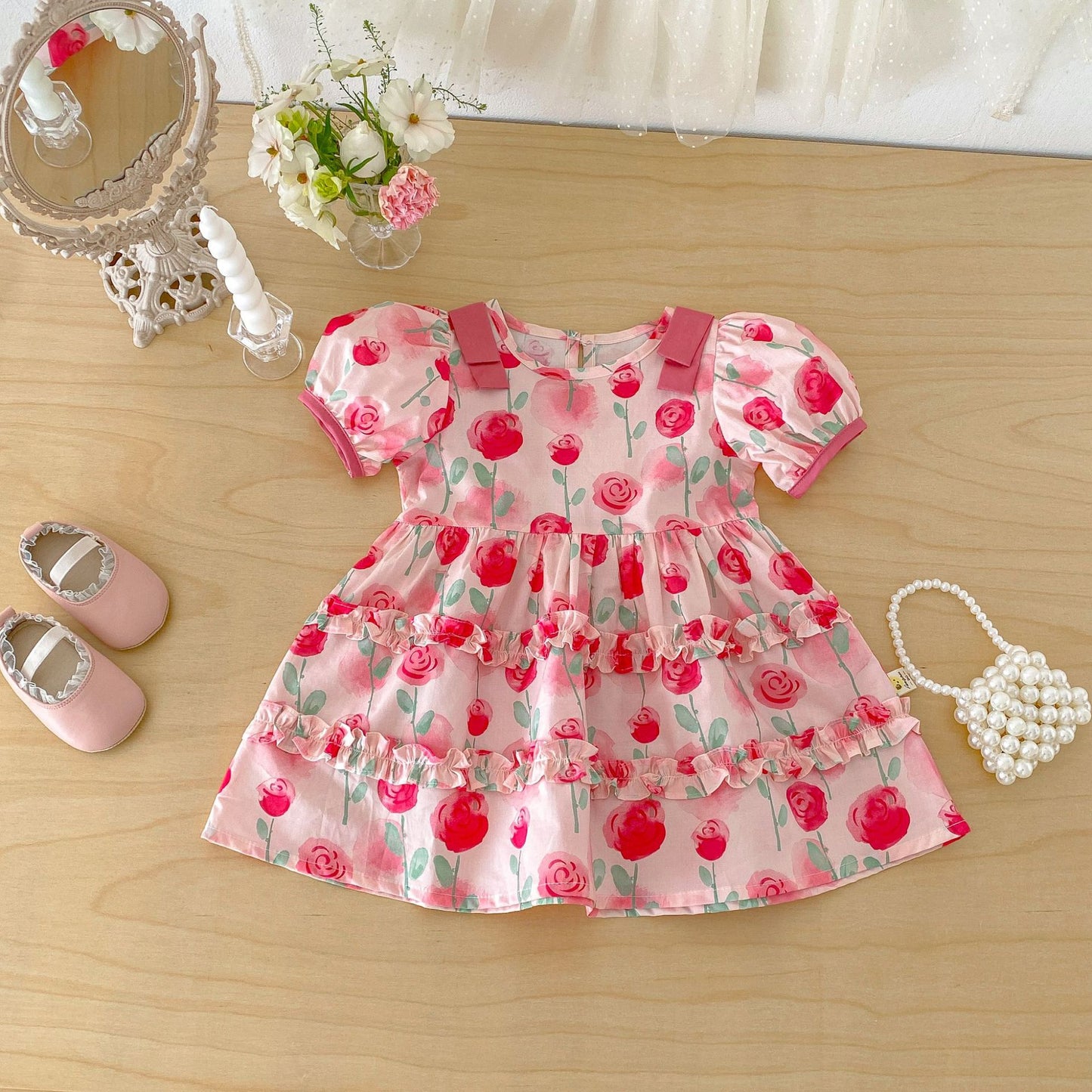 Kids' Floral Print Ribbon Puff-Sleeve Short-Sleeve Dress [mh0013853]