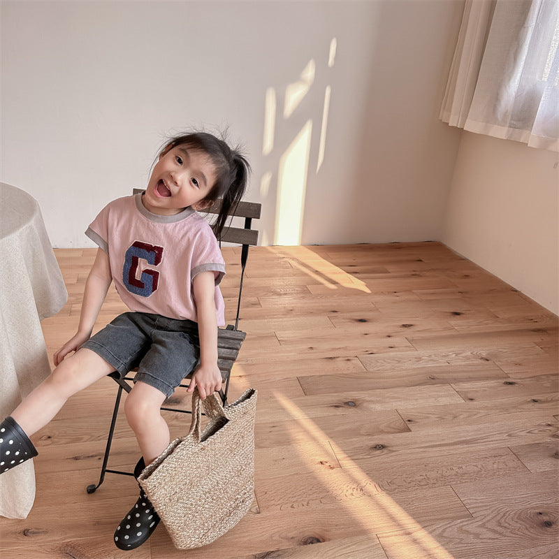 Kids' Alphabet Patchwork Applique Ringer Loose Short-Sleeved T-Shirt [mh0001820]