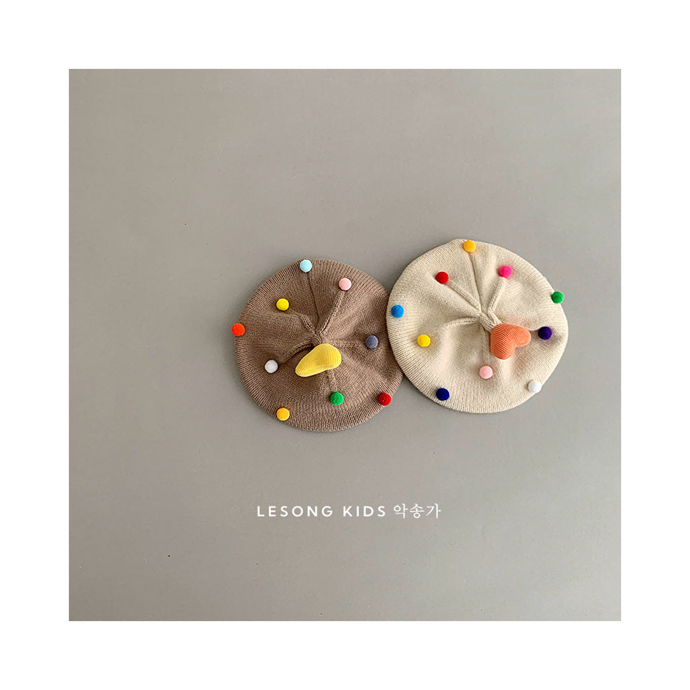 ベビー帽子 カラフルぽんぽん ハート ニット ベレー帽【mh0011842】