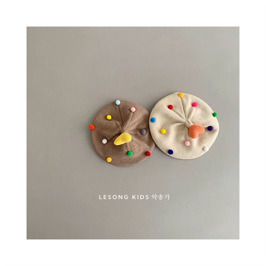 ベビー帽子 カラフルぽんぽん ハート ニット ベレー帽【mh0011842】