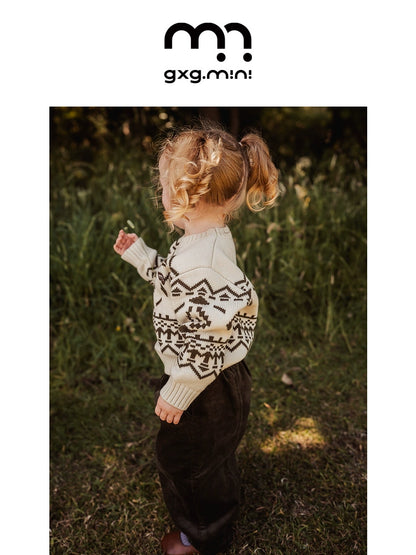 -長袖ニットセーター フェアアイル柄 北欧風 クルーネック プルオーバー【mh0011307】 - mamahalo shop - ニット・セーター -  べビー服 - 子供服 - 男の子 - 女の子