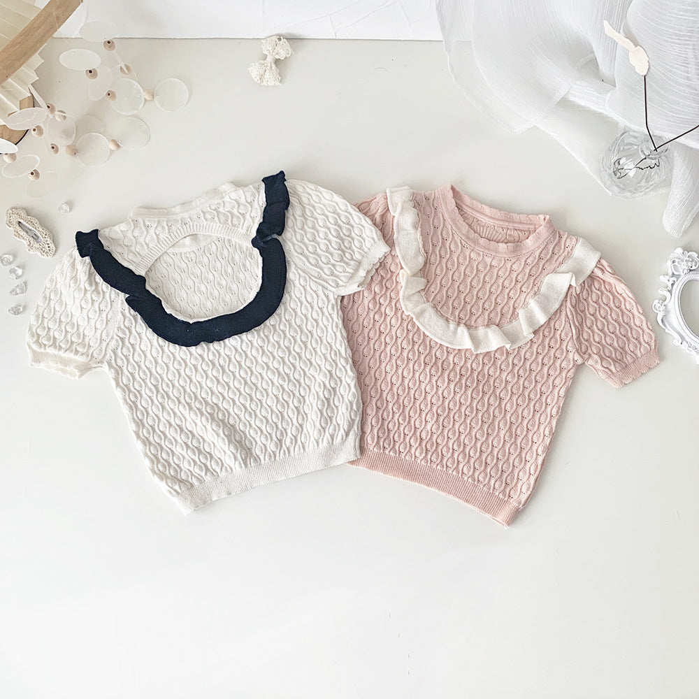 Baby Kids Openwork Knit Ruffled Summer Top Backless Short Sleeve T-Shirt [mh0002013]