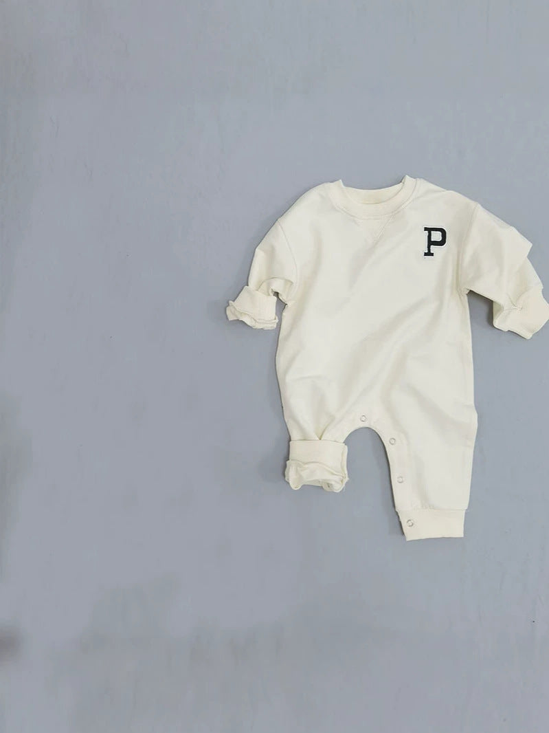 Baby One-Point Initial Color-Blocked Piping Long-Sleeve Romper【mh0014635】