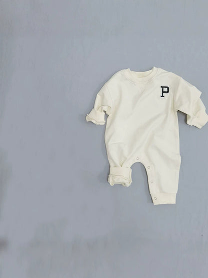 Baby One-Point Initial Color-Blocked Piping Long-Sleeve Romper【mh0014635】