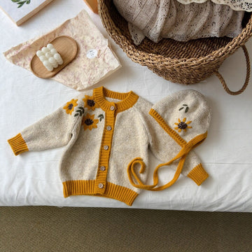 キッズ サンフラワー フラワー 刺繍 帽子付き ニット カーディガン【mh0014531】