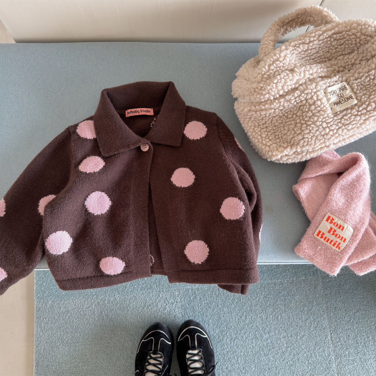 Kids' Polka Dot Collared Button-Up Long-Sleeve Knit Cardigan [mh0014056]