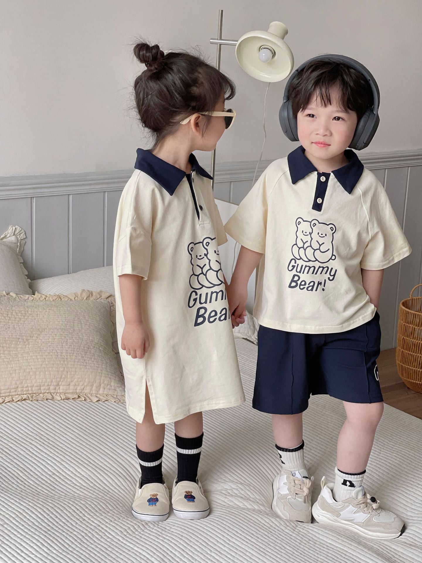 Polo de manga corta con estampado de osos para niños, pantalones cortos y vestido [mh0001950]