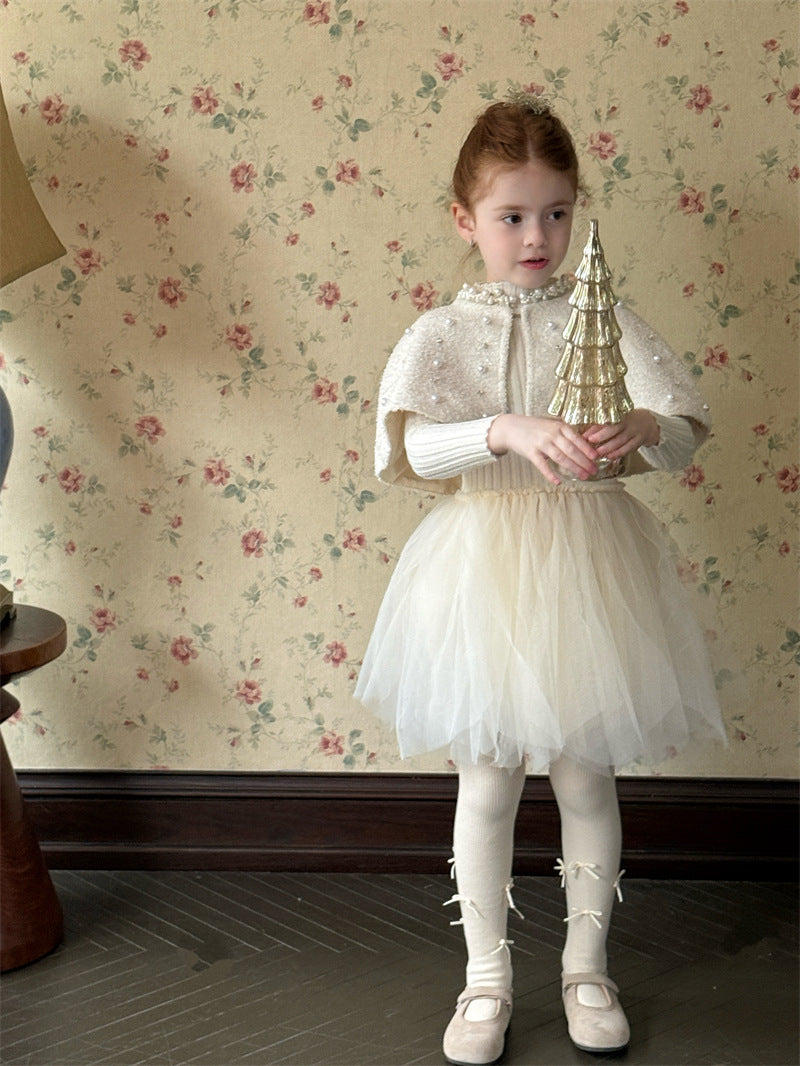 長袖ワンピース/ショールケープ チュチュスカートドレス パール刺繍ボレロ【mh0011899】