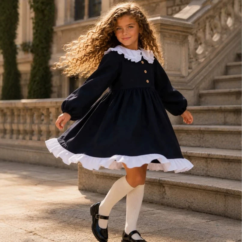 2027 INS Rusia Vestido sencillo de lino y algodón para niña con cuello de muñeca y encaje, vestido de princesa estilo JK infantil【mh0014746】