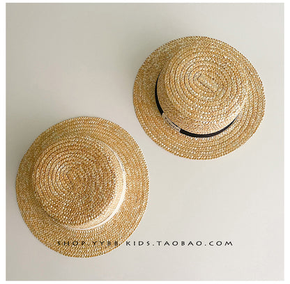 Kids' Logo Ribbon Straw Hat with Chin Strap Boater Hat [mh0000861]
