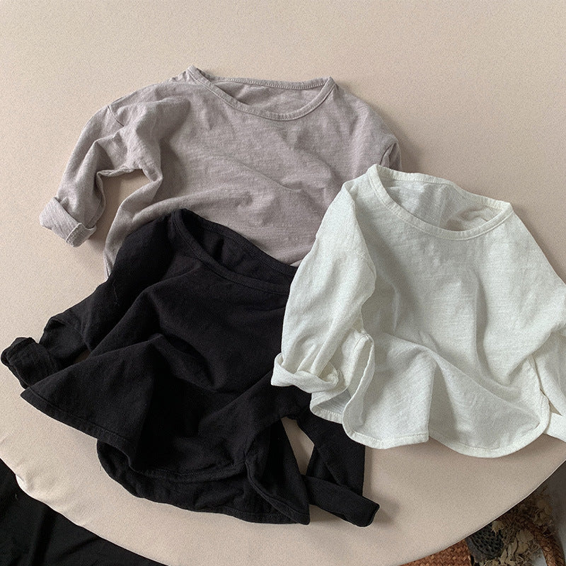 キッズ用ルーズ長袖Tシャツ（ドロップショルダー）、グレー・黒・白