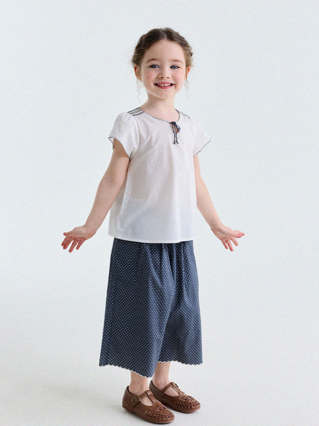Embroidered Blouse and Polka Dot Pants スカラップ ドット柄 ブラウス ロングパンツ【mh0013194】