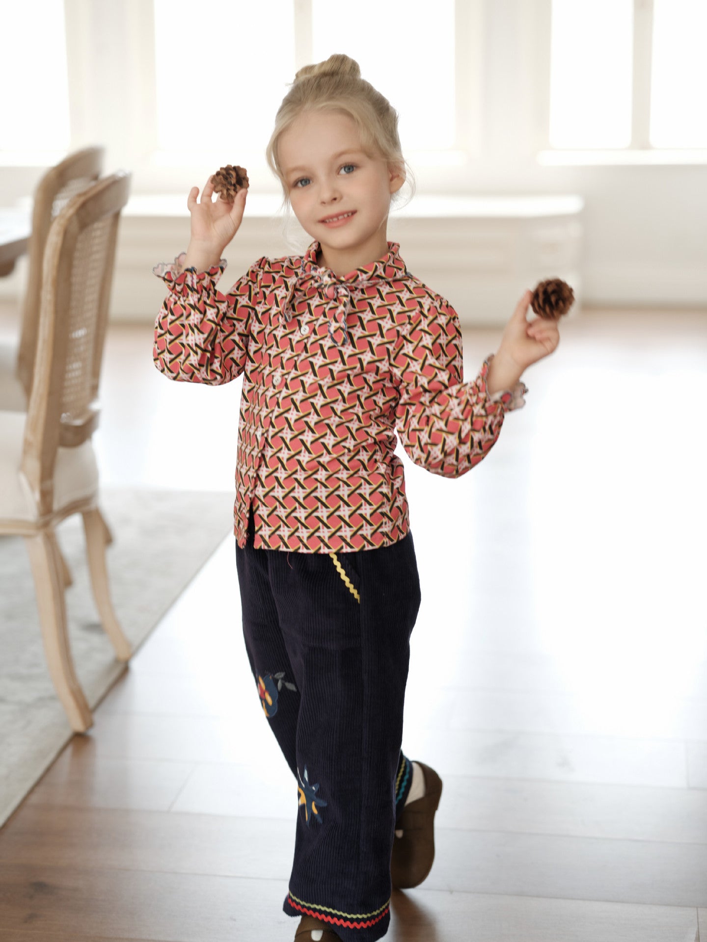 ブラウス 総柄 リボンタイ ラッフル袖 キッズ 女の子 トップス【mh0011566】