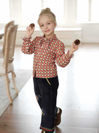 ブラウス 総柄 リボンタイ ラッフル袖 キッズ 女の子 トップス【mh0011566】