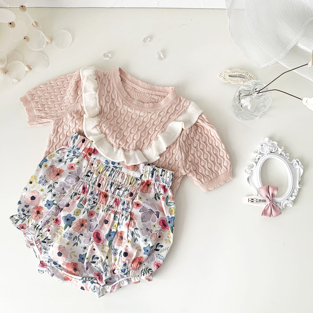 Baby Kids Openwork Knit Ruffled Summer Top Backless Short Sleeve T-Shirt [mh0002013]
