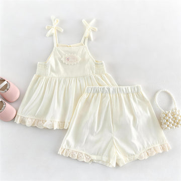 Kids' Ribbon Strap Lace Switching Cami and Shorts Set [mh0013837]