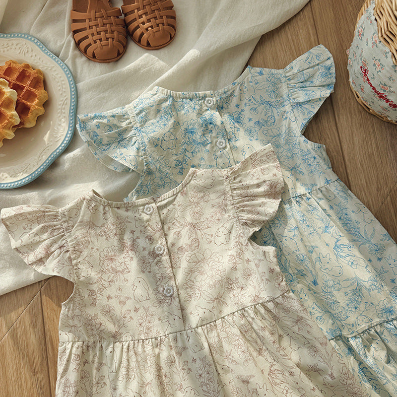 Floral Rabbit Flutter Sleeve Tiered Dress アニマル 半袖ワンピース【mh0013655】