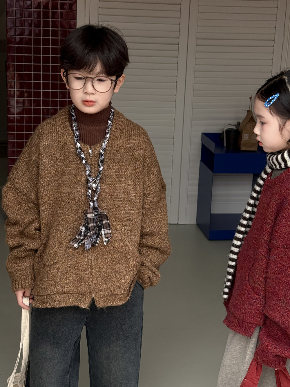 ニットカーディガン キッズ 裏起毛 厚手 無地 ジップアップ カジュアル【mh0011682】