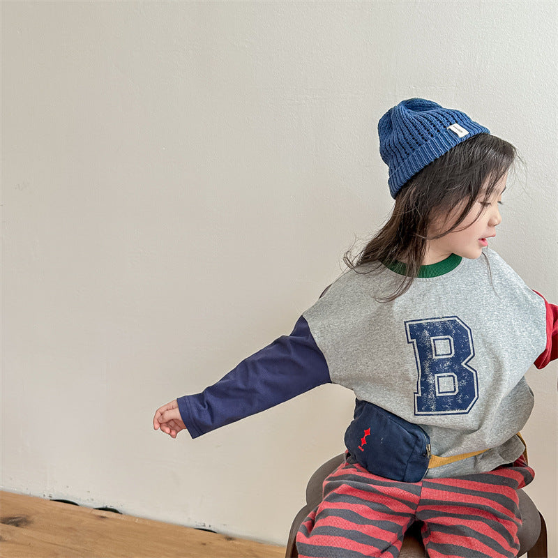 Kids Tops Long Sleeve T-Shirt Patchwork Letter Logo Print 2 Colors