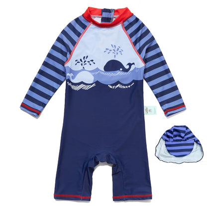Striped Swimsuit With Matching Cap マリン 半袖水着 帽子セット【mh0013320】