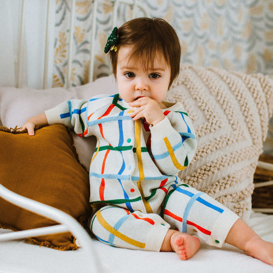 Long-sleeved cotton knit romper with a colorful check pattern. Zip-up coverall. [mh0011649]