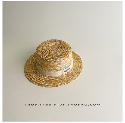 Kids' Logo Ribbon Straw Hat with Chin Strap Boater Hat [mh0000861]