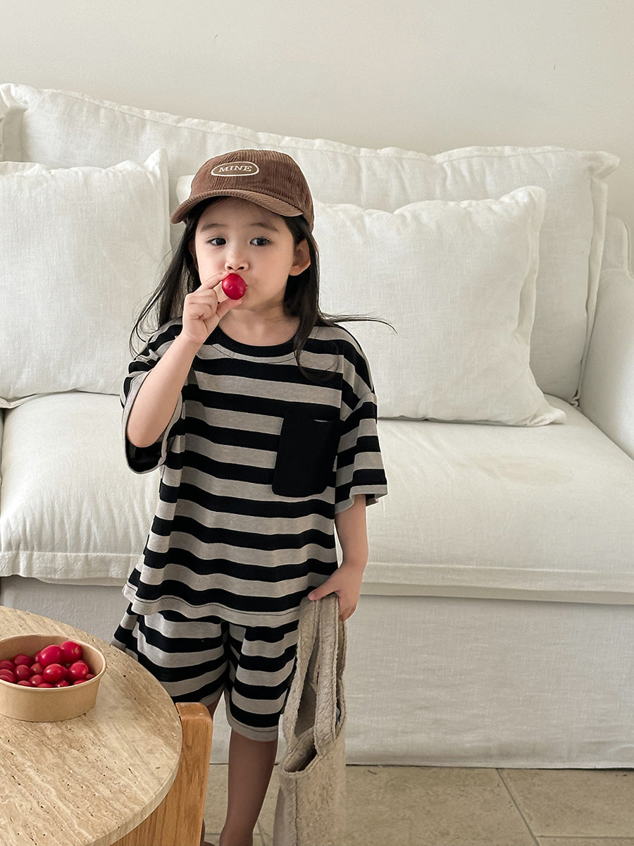 Striped Wide Pocket Short Sleeve Shorts Set ボーダー 半袖Tシャツ ハーフパンツ セット【mh0013467】