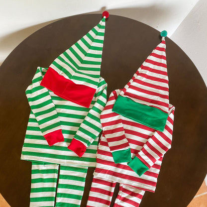 Kids' striped long-sleeve T-shirt, easy-fit long pants, and pom-pom motif cap: 3-piece set【mh0008100】