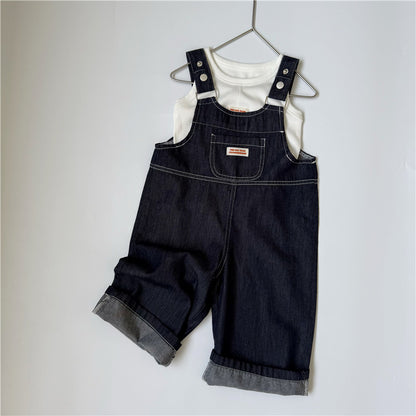 キッズ パッチ デニム ステッチ ロング サロペット【mh0013650】