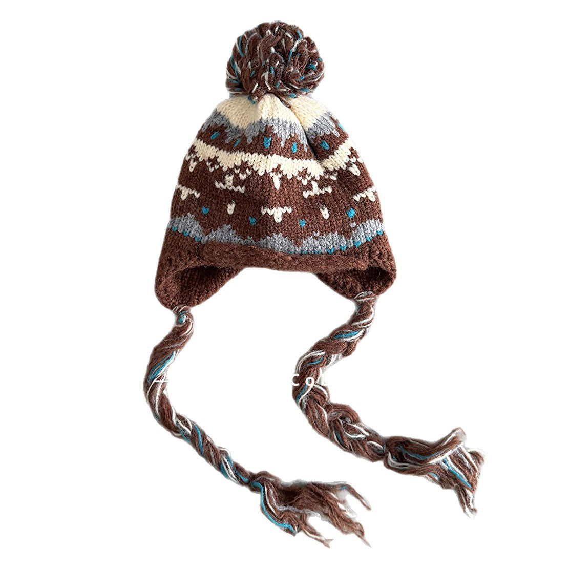 キッズ帽子 ジャカードニット ぽんぽん 耳当て付き 三つ編みコード【mh0011803】