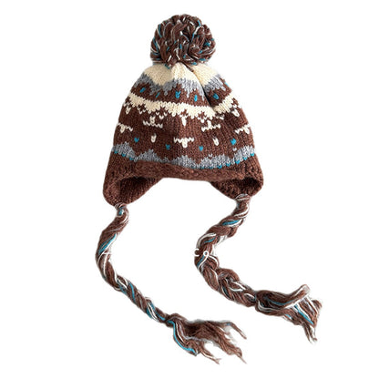 キッズ帽子 ジャカードニット ぽんぽん 耳当て付き 三つ編みコード【mh0011803】