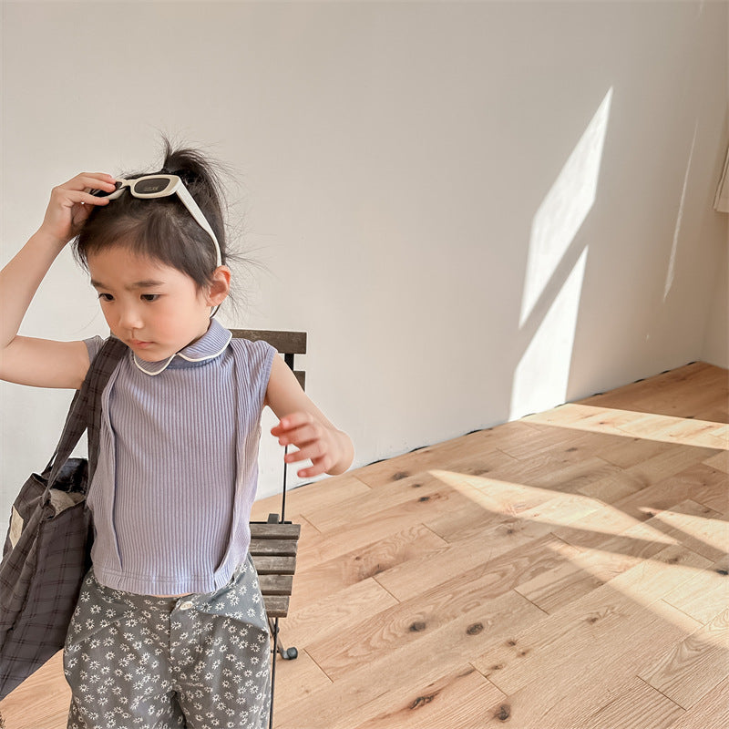 Kids' Ribbed Sleeveless T-shirt with Collar and Round Neck【mh0001795】