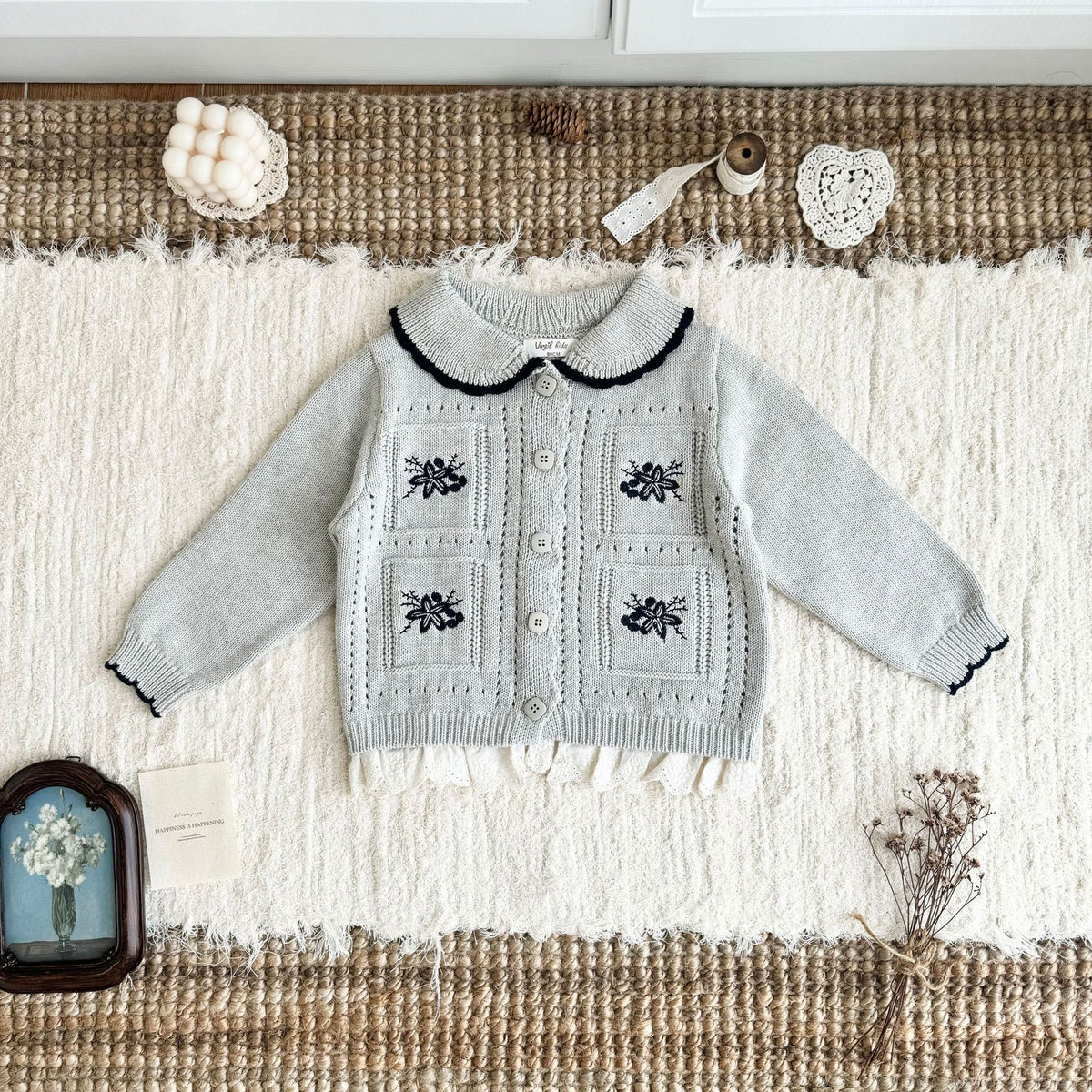 キッズ 花柄刺繍 ニット カーディガン ショートパンツ ロングパンツ【mh0014619】