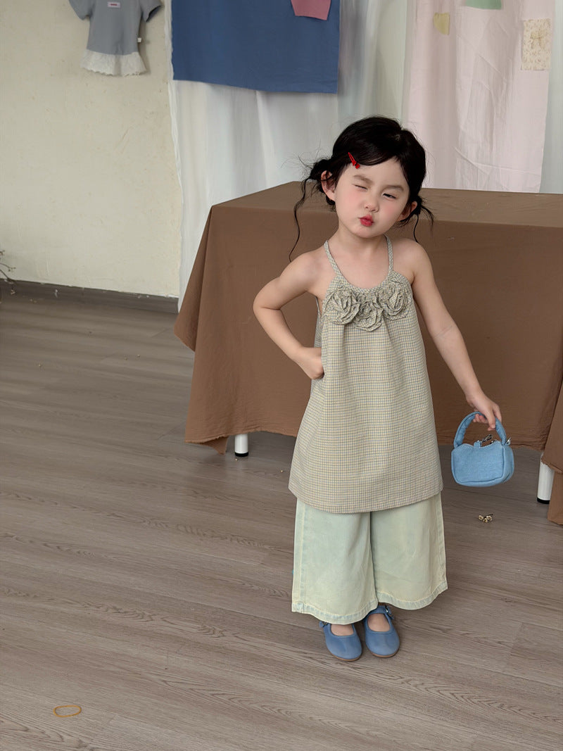 3D Flower Plaid Dress チェック キャミワンピース【mh0013116】