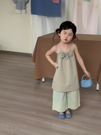 3D Flower Plaid Dress チェック キャミワンピース【mh0013116】