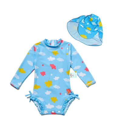 Baby Girls One-piece Sun Protection Surf Suit ボタニカル 長袖水着 帽子セット【mh0013317】