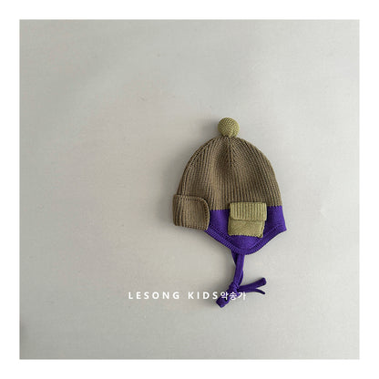 キッズ ニット帽 パッチワーク カラーブロック ポケット付き 耳当て 防寒【mh0011602】
