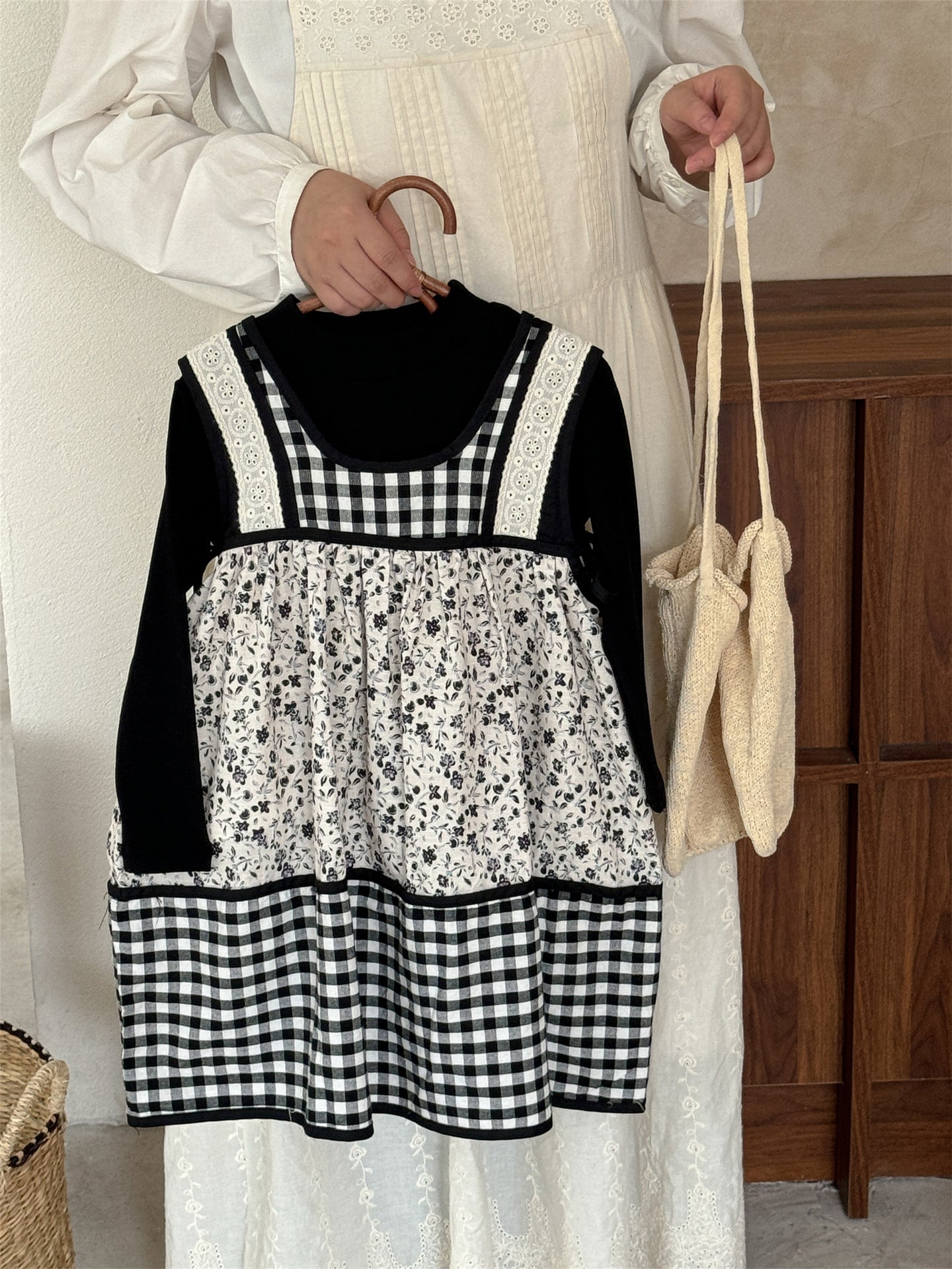 -チェック柄小花プリントノースリーブワンピース レイヤードワンピース【mh0010991】 - mamahalo shop - 長袖セットアップ -  べビー服 - 子供服 - 男の子 - 女の子