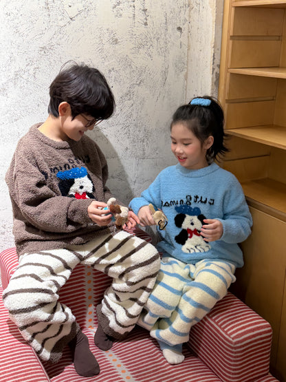 Coral fleece pajama set with dog motif, striped pants, and loungewear [mh0011872]