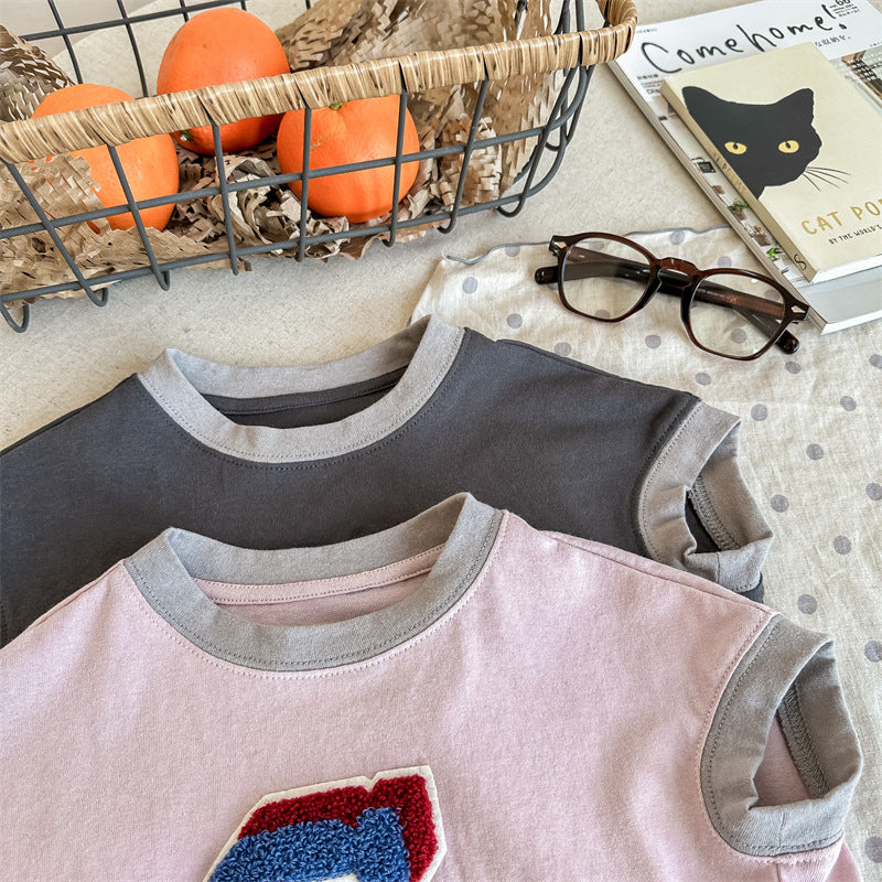 Kids' Alphabet Patchwork Applique Ringer Loose Short-Sleeved T-Shirt [mh0001820]