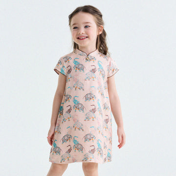 Retro Rabbit Elephant Pattern Stand Collar Dress アニマルプリント 半袖ワンピース【mh0013174】
