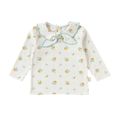 ベビー用 花柄リボン丸襟 長袖Tシャツ、白地に小花プリント
